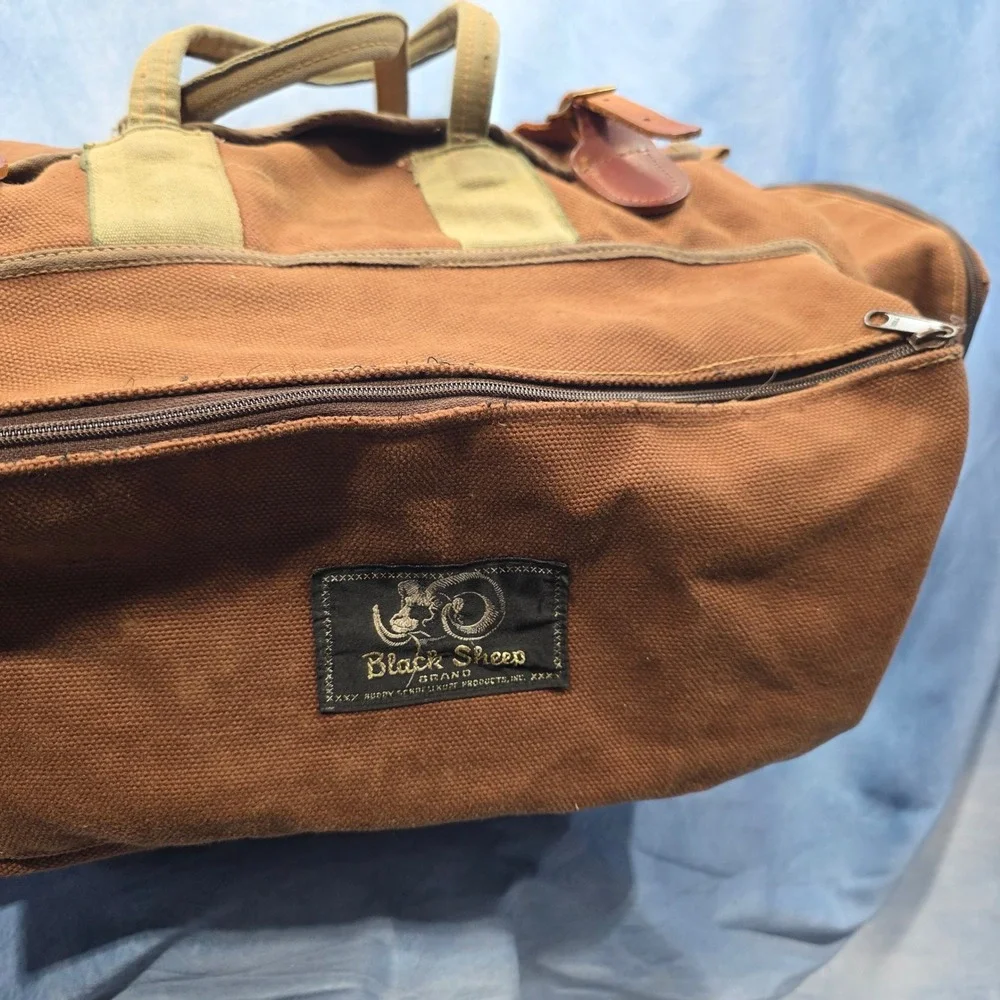 Vintage Black Sheep Brand Brown Heavy Canvas Duffle Leather Trim Travel Luggageu